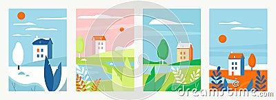 Nature landscape with houses in different seasons set, cartoon vertical simple design Vector Illustration