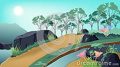 Nature landscape, jungle forest, traveling poster fantasy and cartoon concept background cartoon fantasy vector illustration Vector Illustration