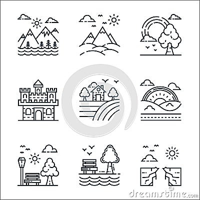 Nature and landscape line icons. linear set. quality vector line set such as climate change, garden, park, rainbow, farm house, Vector Illustration