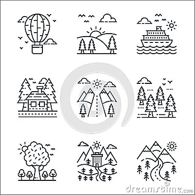 Nature and landscape line icons. linear set. quality vector line set such as landscape, hotel, tree, forest, road, house, cruise Vector Illustration