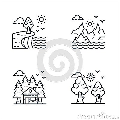 Nature and landscape line icons. linear set. quality vector line set such as tree, cottage, mountains Vector Illustration