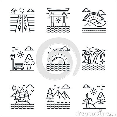 Nature and landscape line icons. linear set. quality vector line set such as windmill, forest, forest, tropical, sunrise, park, Vector Illustration