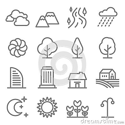 Nature landscape line vector icon set. Outline trees and mountains, River icons. City building, House, Home and green tree outline Vector Illustration