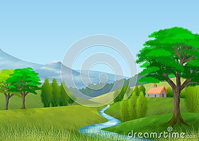 Nature landscape with mountain, trees, hills, a river and a cottage. Wallpaper. Background. Stock Photo