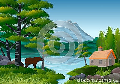 Nature landscape with mountains, lake and leafy tree in the foreground. Still a bear in silhouette Stock Photo