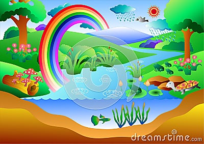 Nature landscape with rainbow, Vector Illustration