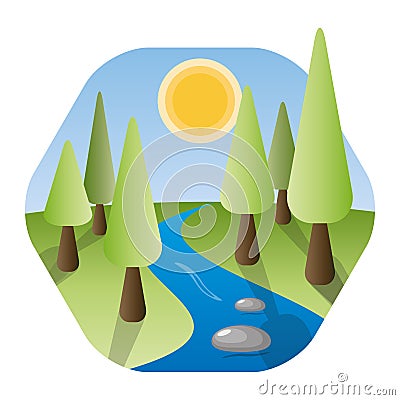 Nature landscape with river, shining sun, and trees Vector Illustration