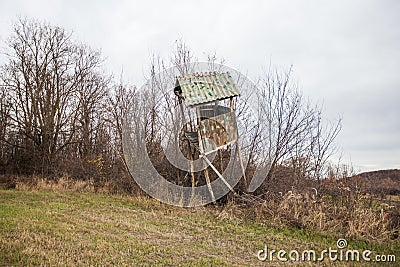 Nature landscape , ruined wooden hunting tower Stock Photo