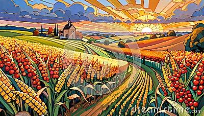 Nature landscape scenic farm home corn crop autumn harvest sunset Cartoon Illustration