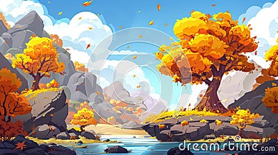 Nature landscape with swamp in mountain valley in autumn. Cartoon illustration showing yellow foliage, leaves flying in Cartoon Illustration