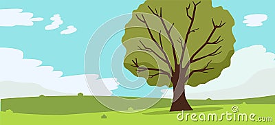 Nature landscape with tree , clouds and sky background.Vector illustration.Mountains Hills Green Grass and big tree. Vector Illustration