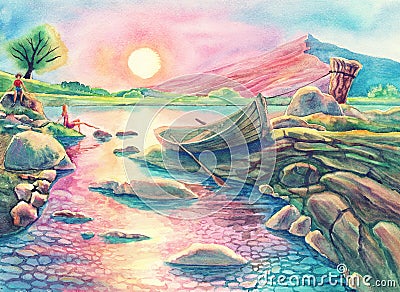 Nature landscape by watercolor painting with sunset, art with lake, forest, trees, meadows, hills, river with stones, water art Cartoon Illustration