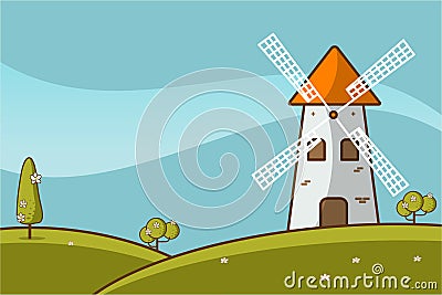 Illustration of a landscape with a windmill Vector Illustration