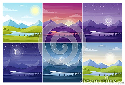 Nature landscapes at different day time flat vector illustrations set Vector Illustration