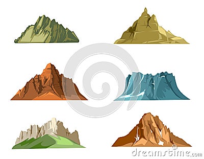 Nature landscapes with green hills and snow mountains cartoon vector set Vector Illustration