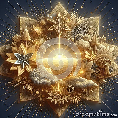 Nature-Life-Economy Fusion: Kirigami Art Glowing in Gold Stock Photo