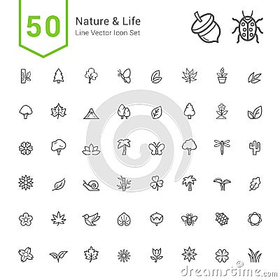 Nature and Life Icon Sets. 50 Line Vector Icons. Vector Illustration