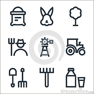 nature line icons. linear set. quality vector line set such as milk bottle, pitchfork, garden fork, tractor, wind mill, farmer, Vector Illustration