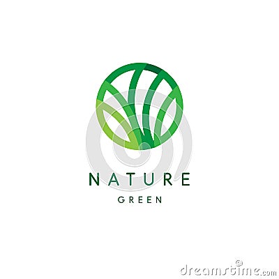 Nature logo, green tropical leaves icon, line stylized, round emblem, modern design, tree foliage logotype template Vector Illustration