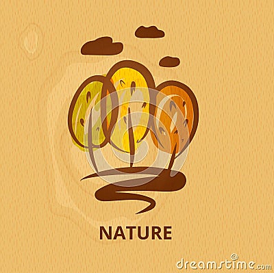 Nature logo. Silhouette three tree and cloud on wood background. Stock Photo