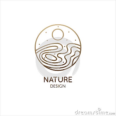 Nature logo template. Linear round icon of landscape with lake, sun, wavy line. Vector simple minimalistic emblem for Vector Illustration