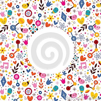 Nature love harmony hearts flowers fun cartoon circle frame background Vector Illustration