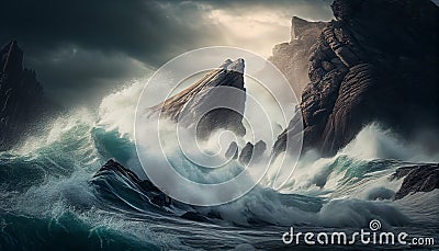 Nature majesty on display turbulent waves crash ,generative AI Stock Photo