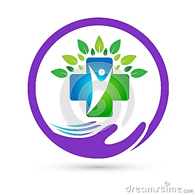 Nature medical care union save agriculture people health environment wellness concept logo icon element sign creative vector Stock Photo