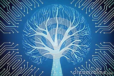Nature meets technology with digital tree featuring binary code leaves and circuit board patterns on blue background Stock Photo