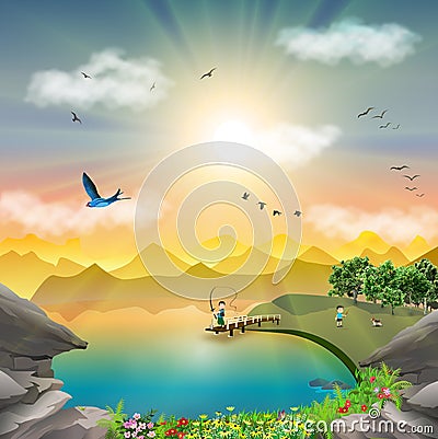 Nature mountain landscape at sunset lake fishing trip Vector Illustration