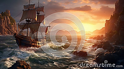 Blue boat illustration sunset sea sail nature sailboat pirate ocean sky ship water Stock Photo