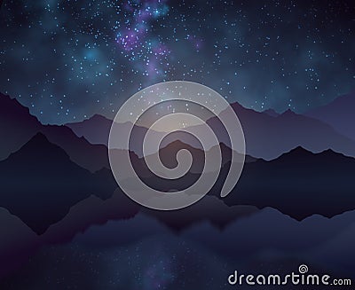 Nature night vector background with starry sky, mountains and water surface Vector Illustration