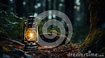 Nature old oil flame lamp dark light lantern kerosene vintage night forest Stock Photo