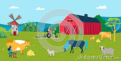 Nature organic farm livestock animal, people character farmer together care domestic cattle flat vector illustration Vector Illustration