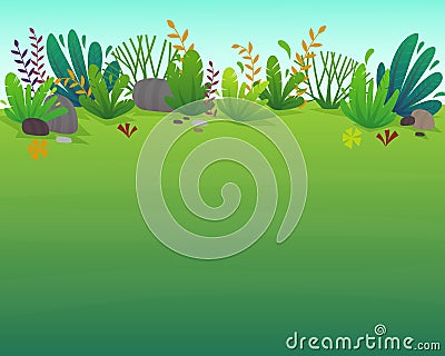 Nature park background. green grass on the lawn field, bushes plants and flowers, trees landscape. comic book style vector scenery Vector Illustration