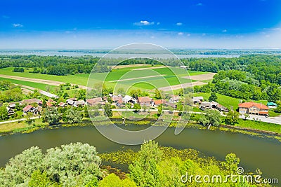 Nature park Lonjsko polje, Croatia from air, panoramic view of village Muzilovcica Stock Photo