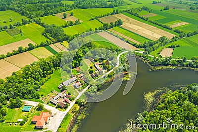 Nature park Lonjsko polje, Croatia from air, panoramic view of village Muzilovcica Stock Photo