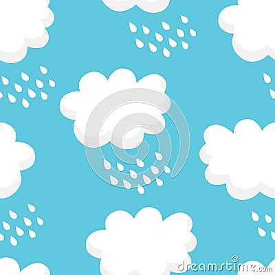 Nature pattern with white clouds and raindrops on blue background. Ornament for children`s textiles and wrapping. Vector Vector Illustration
