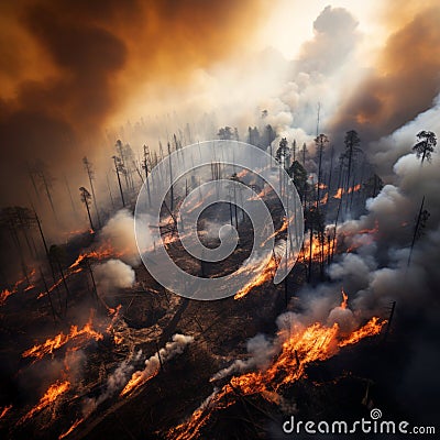 Nature in peril Power fire with smoke engulfing the forest Stock Photo