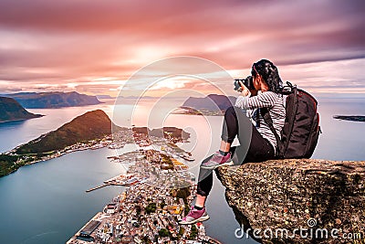 Nature photographer - Aksla at the city of Alesund , Norway. Stock Photo