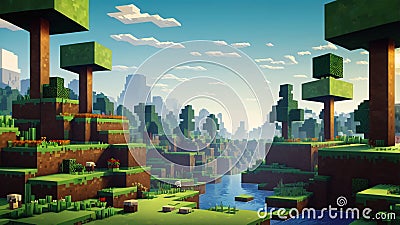 Nature pixel landscape video game user interface in Minecraft style, 8 bit background Cartoon Illustration