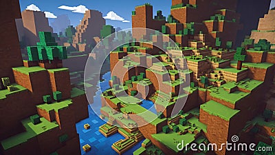 Nature pixel landscape video game user interface in Minecraft style, 8 bit background Cartoon Illustration