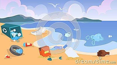 Nature pollution. Garbage and trash on the beach, danger Vector Illustration