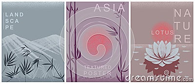 Nature poster set. Mountain landscape, bamboo, sun, lotus flower. Abstraction, Asian background. Texture of nature. Picture for Vector Illustration