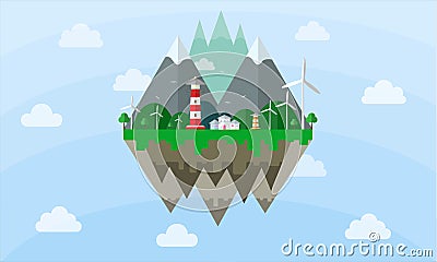 Floating island House Wind turbine Mountain tree that floats in the air have already layer the elements.flat design Stock Photo