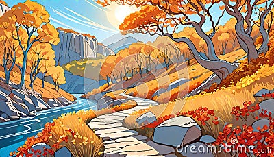 Nature river valley landscape walkway scenic country trees Cartoon Illustration