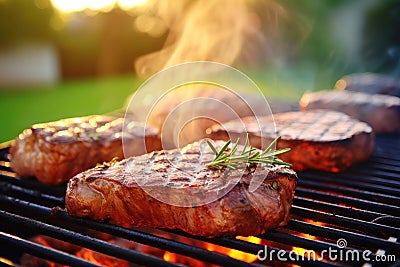 Nature's barbecue treat: Delicious sirloin steak with spices cooking on the grill, summer picnic Stock Photo