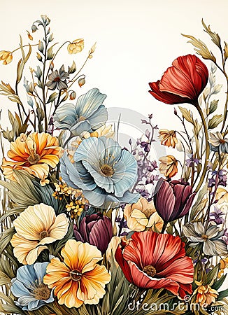 Nature's Beauty: A Vibrant Bouquet of Flowers and Animals on a M Cartoon Illustration