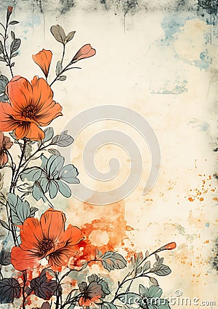 Nature's Canvas: A Floral Mosaic in Faded Red and Blue Sketches Stock Photo