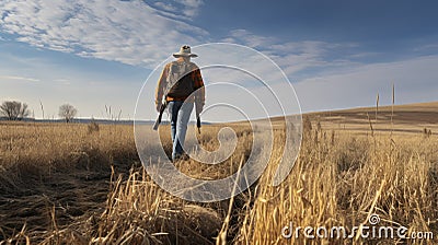 Nature's Challenge - Mature man hunter with gun while walking on field. Generative AI Stock Photo